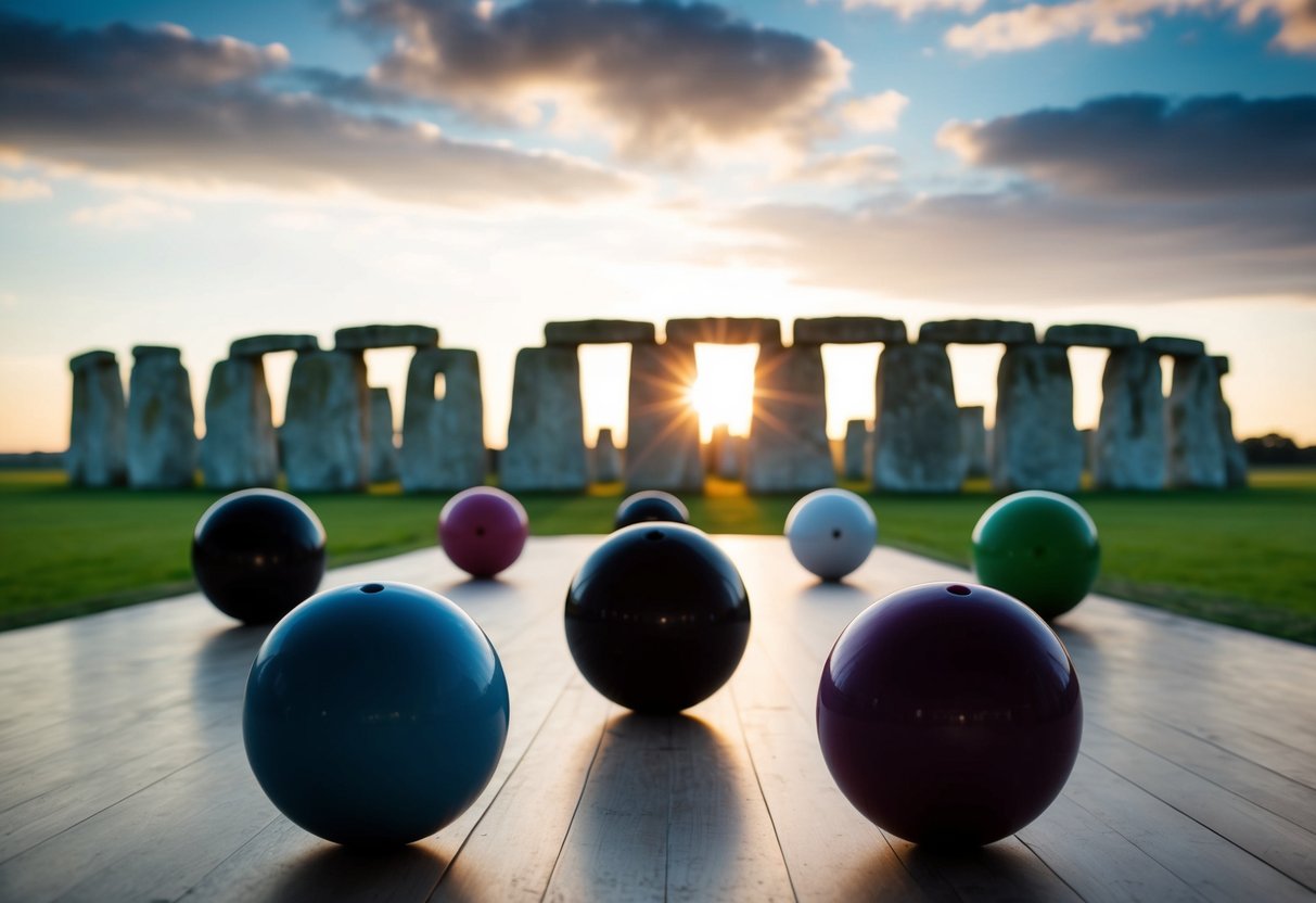 Bowling balls roll towards Stonehenge's towering stones, creating a unique and surreal entertainment experience