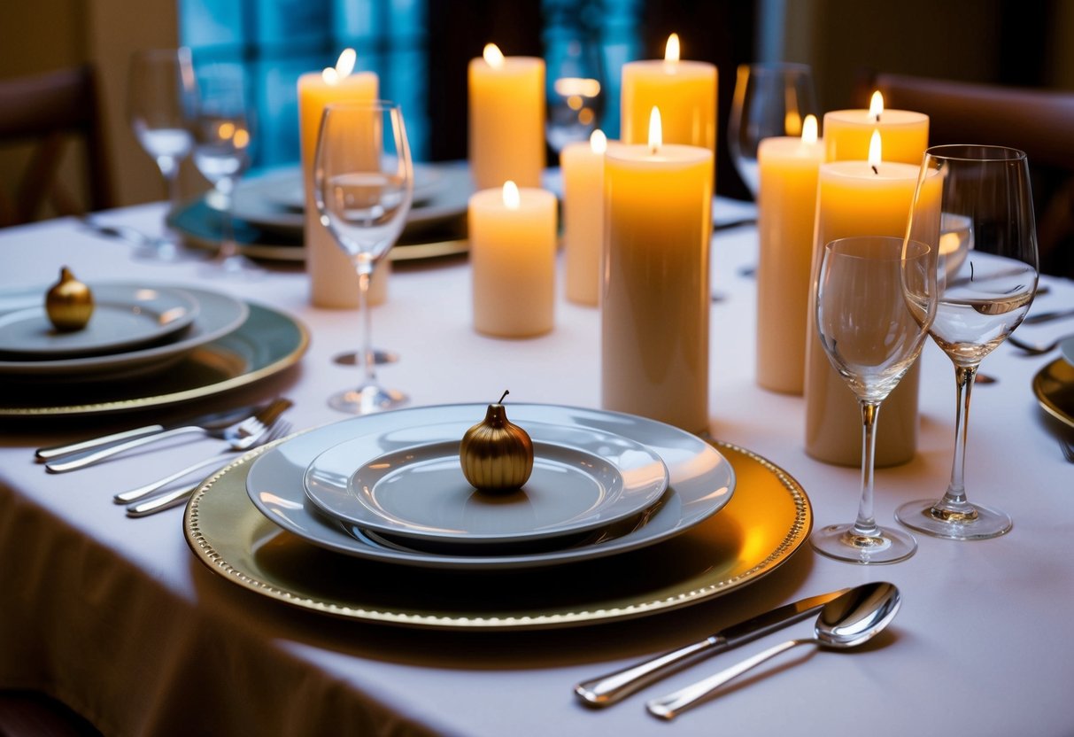 A candlelit table set with elegant dinnerware at Vermilion in Alexandria, VA