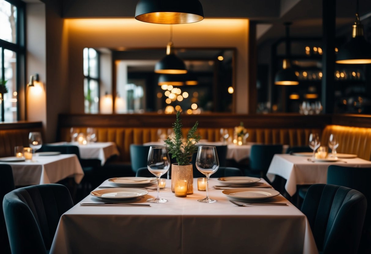 A cozy restaurant interior with dim lighting, tables set with elegant place settings, and a warm, inviting ambiance
