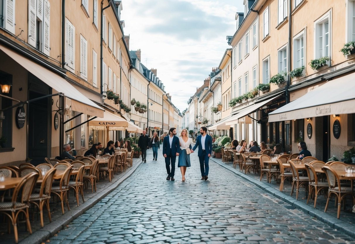A charming cobblestone street lined with cozy cafes and historic buildings, filled with couples enjoying a leisurely stroll