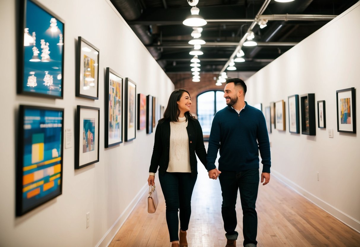 A couple strolling through the Torpedo Factory Art Center, admiring the diverse artwork and enjoying the vibrant atmosphere