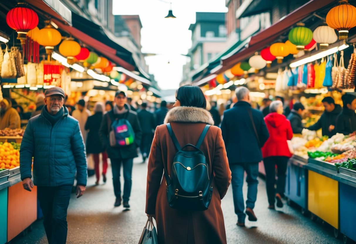 A bustling market path with colorful stalls and people browsing