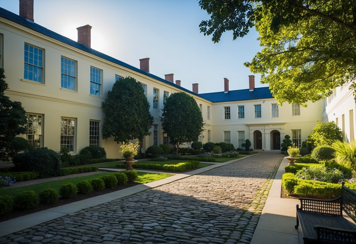 Sunlit courtyard with 18th-century architecture, cobblestone paths, and lush gardens at Carlyle House Historic Park