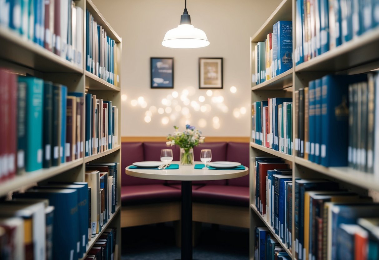 A cozy corner in the Akron-Summit County Public Library, with a table set for two, surrounded by shelves of books and soft lighting