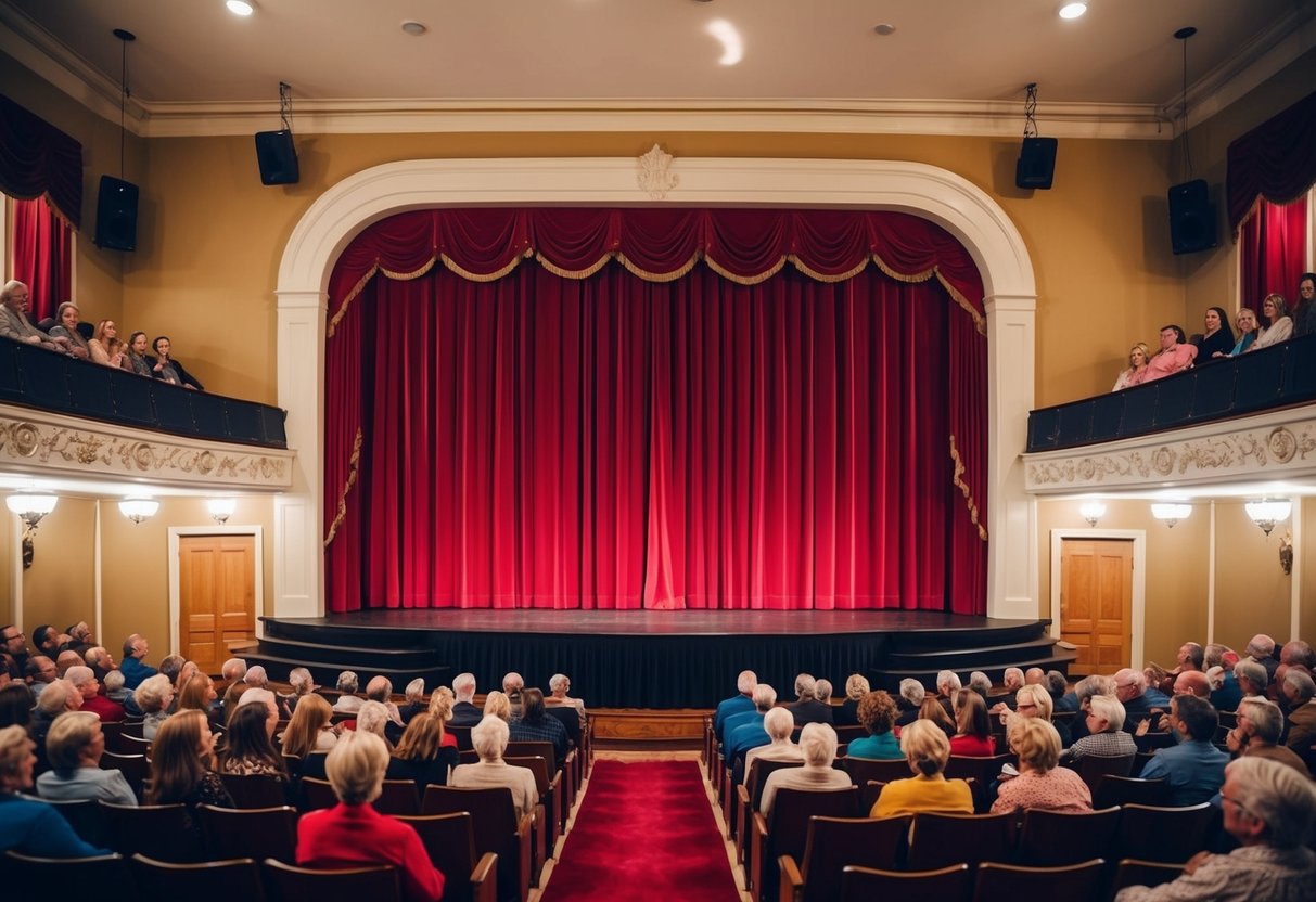 The stage is set with a grand red curtain and ornate seating, as the audience eagerly awaits the start of the play at Weathervane Playhouse