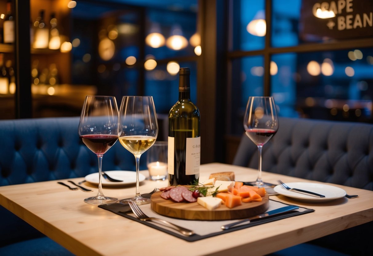 A cozy table set with wine glasses, a bottle, and a charcuterie board at Grape + Bean for a romantic date
