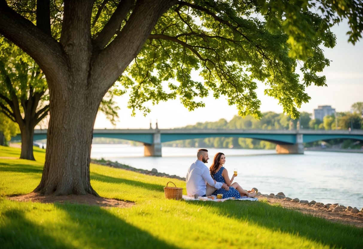 A couple strolling along the scenic riverside in Eau Claire, enjoying a picnic under the shade of a large tree