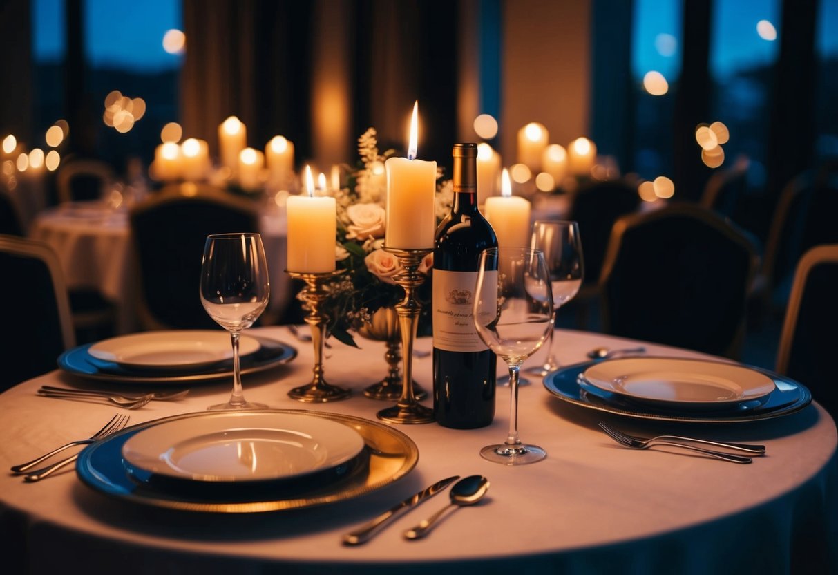 A candlelit table set with elegant dinnerware and a bottle of wine, surrounded by dim lighting and luxurious decor