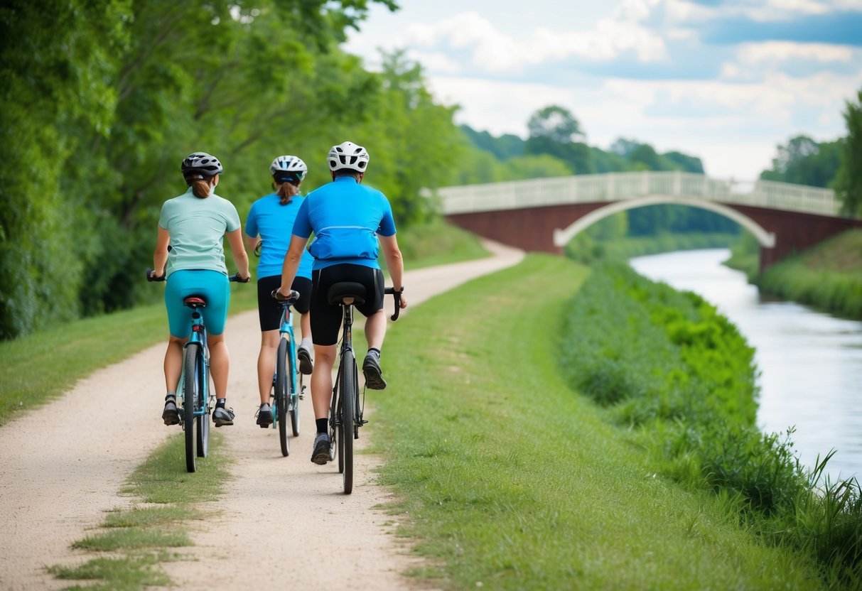 A couple bikes along the Towpath Trail, surrounded by lush greenery and a winding river, with a charming bridge in the background