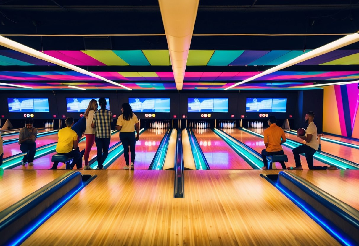 A lively bowling alley at Bowlero in Alexandria, VA, with colorful lanes, glowing neon lights, and groups of friends enjoying a fun date night