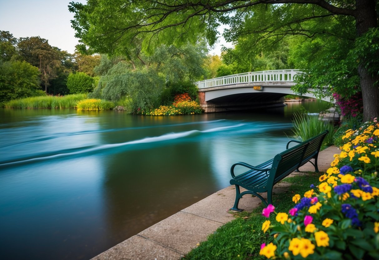 Calm waters flow under a bridge, surrounded by greenery and colorful flowers. A bench sits at the water's edge, inviting couples to relax and enjoy the peaceful atmosphere