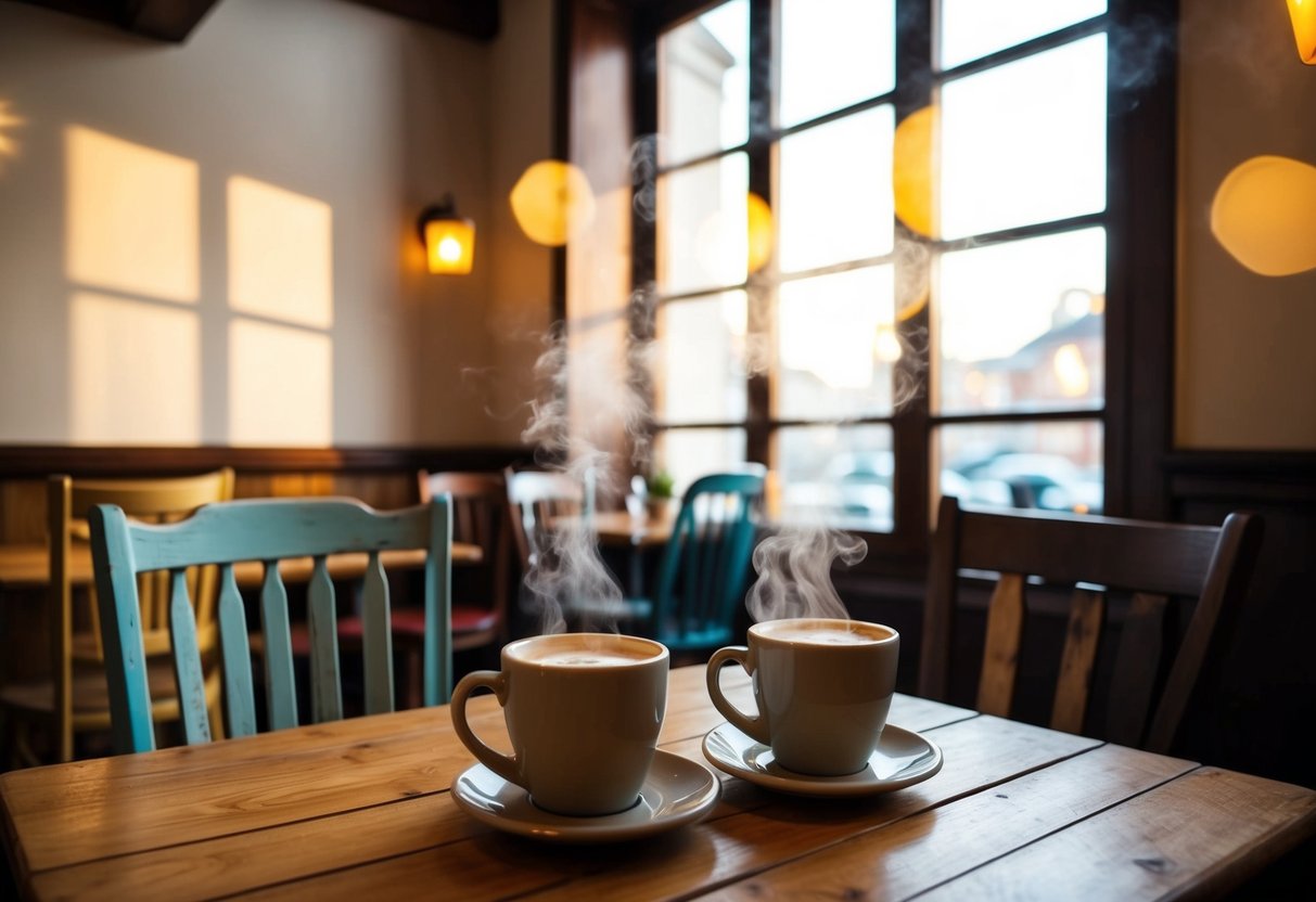 A cozy cafe with mismatched chairs and steaming mugs on wooden tables. Sunlight filters through the window, casting warm patterns on the walls