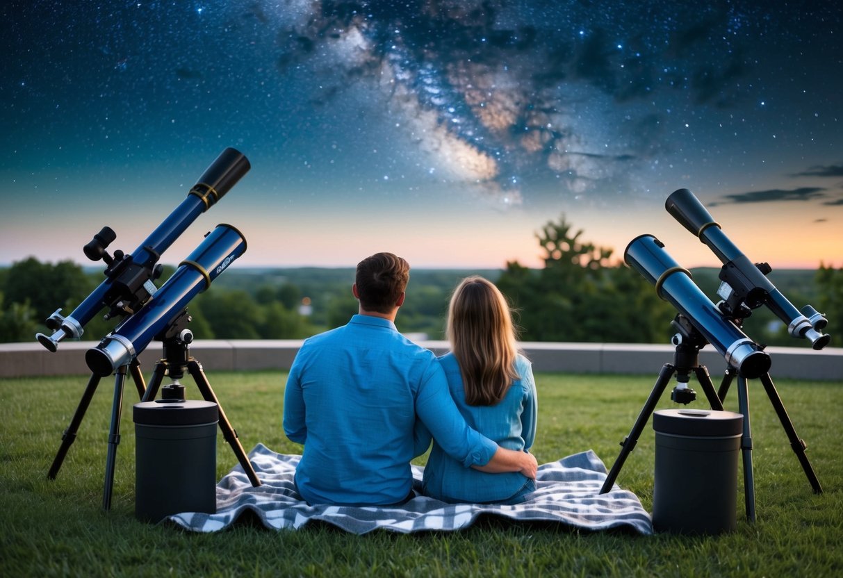 A couple sits on a blanket, surrounded by telescopes, gazing up at the stars from the Goodyear Observatory in Akron, Ohio