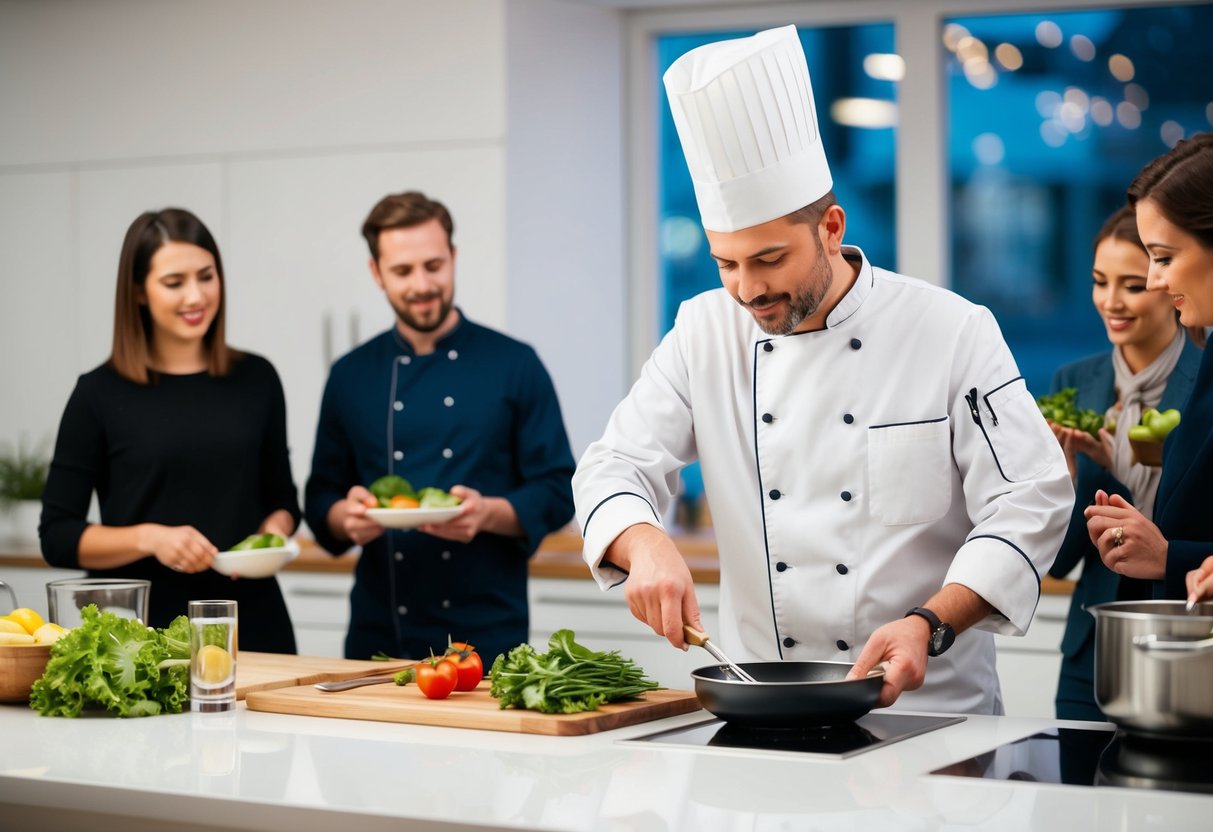 A chef demonstrates cooking techniques to a small group in a modern kitchen studio