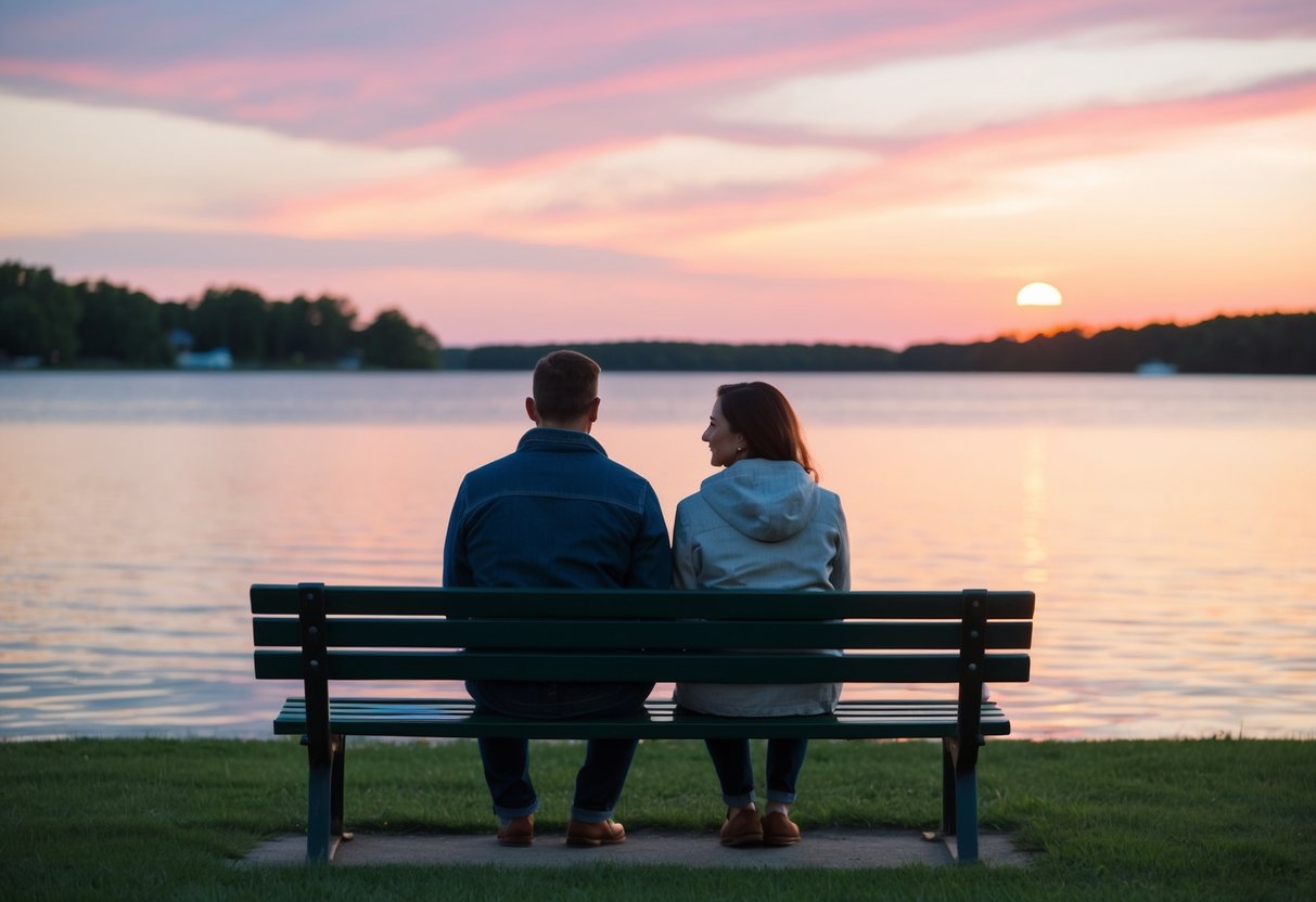 A couple sits on a lakeside bench, watching the sunset over Half Moon Lake in Eau Claire. The water reflects the pink and orange hues of the sky