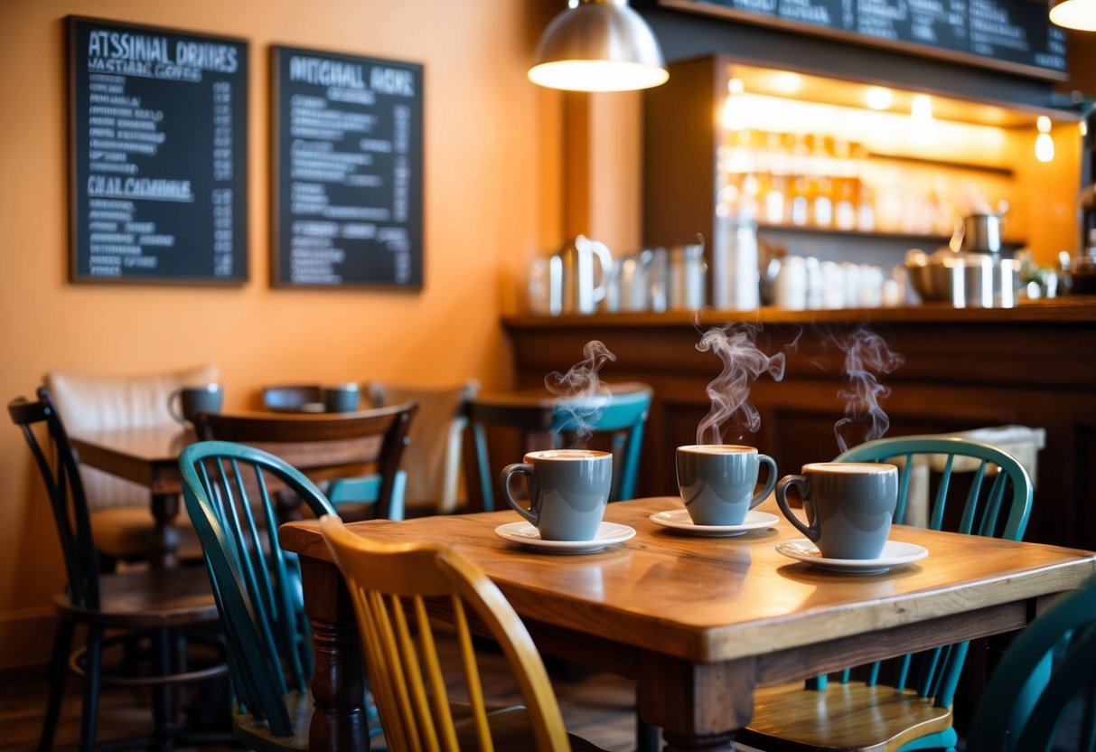 A cozy coffee shop with mismatched chairs, warm lighting, and steaming mugs on wooden tables. A chalkboard menu lists artisanal drinks