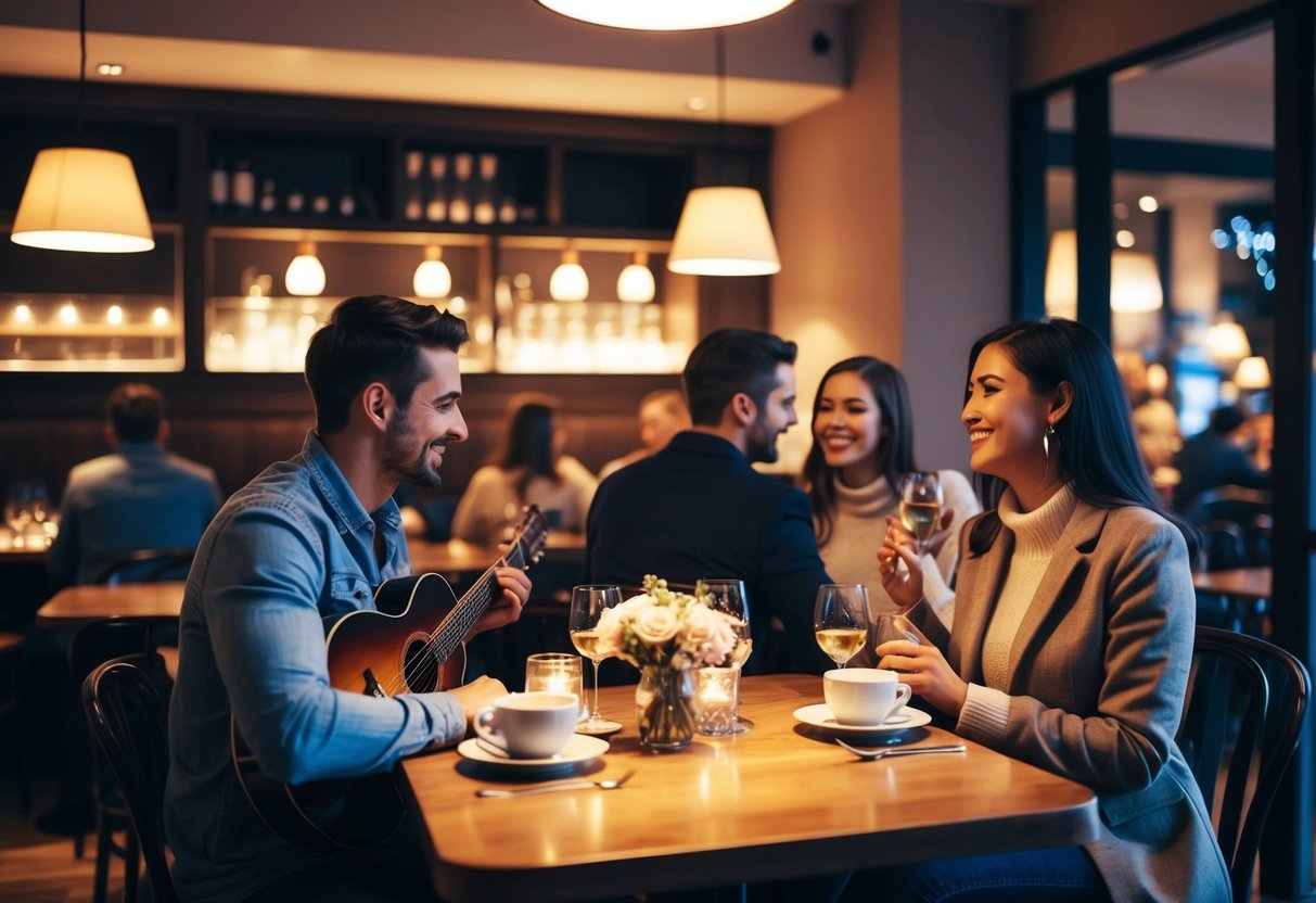 A cozy café with warm lighting, live acoustic music, and couples enjoying a romantic date night in Eau Claire