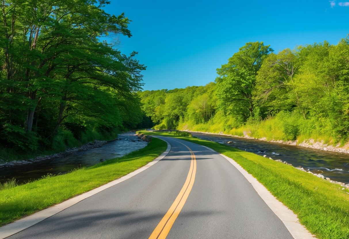 A winding river trail with lush green trees and a bike path, under a bright sunny sky
