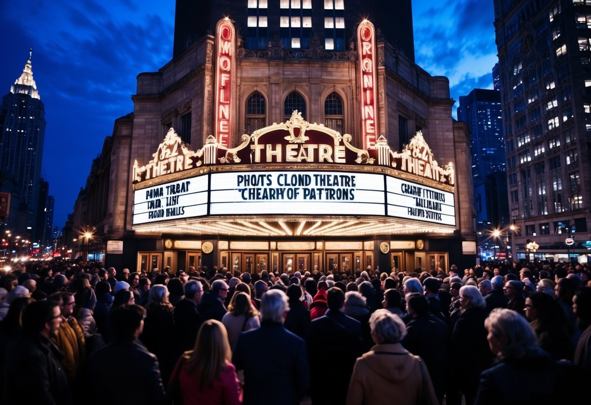 A grand theatre marquee glows against the night sky, surrounded by bustling city lights and a crowd of eager patrons