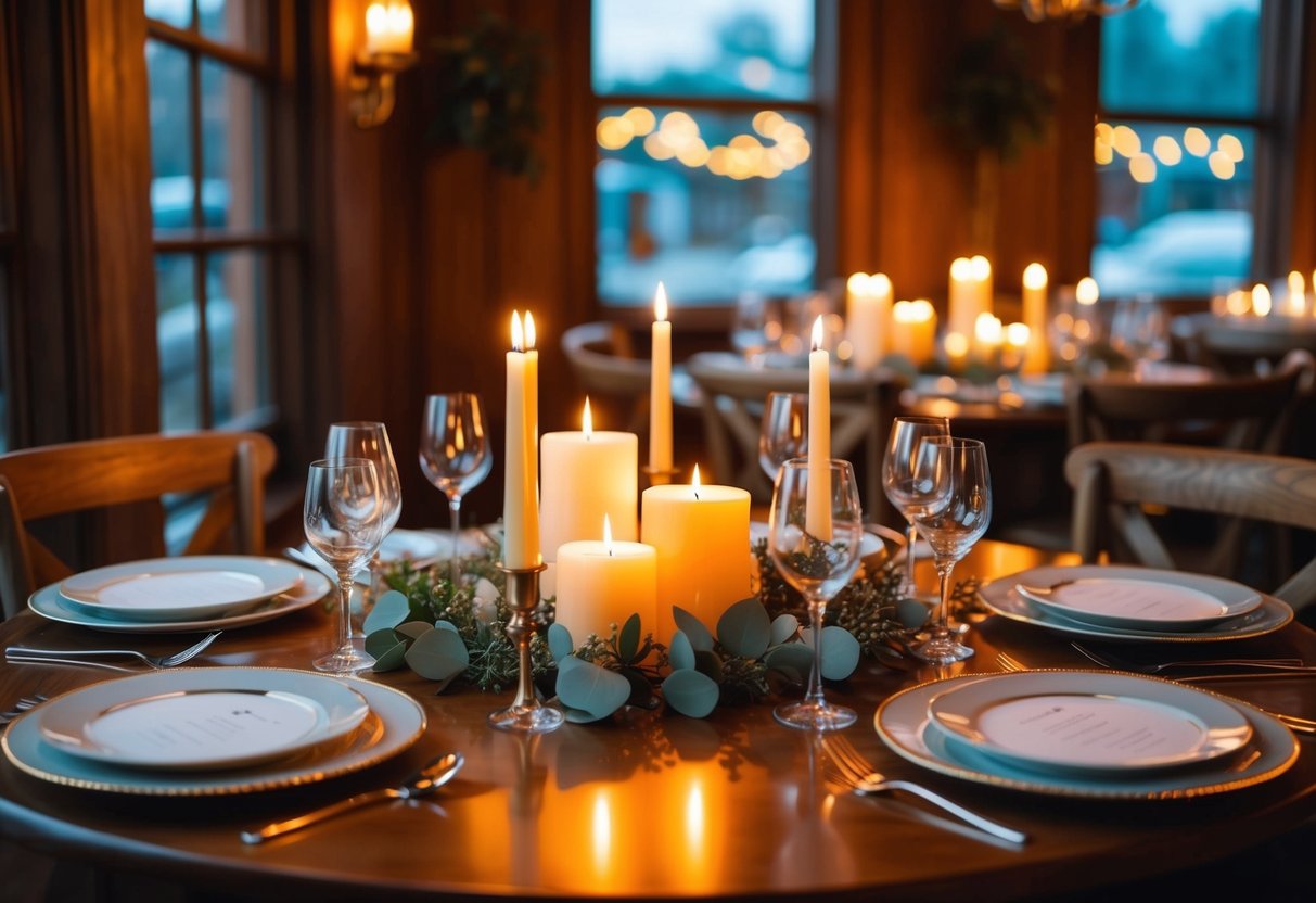A cozy table set with flickering candles and elegant place settings at The Livery, with a warm, inviting ambiance