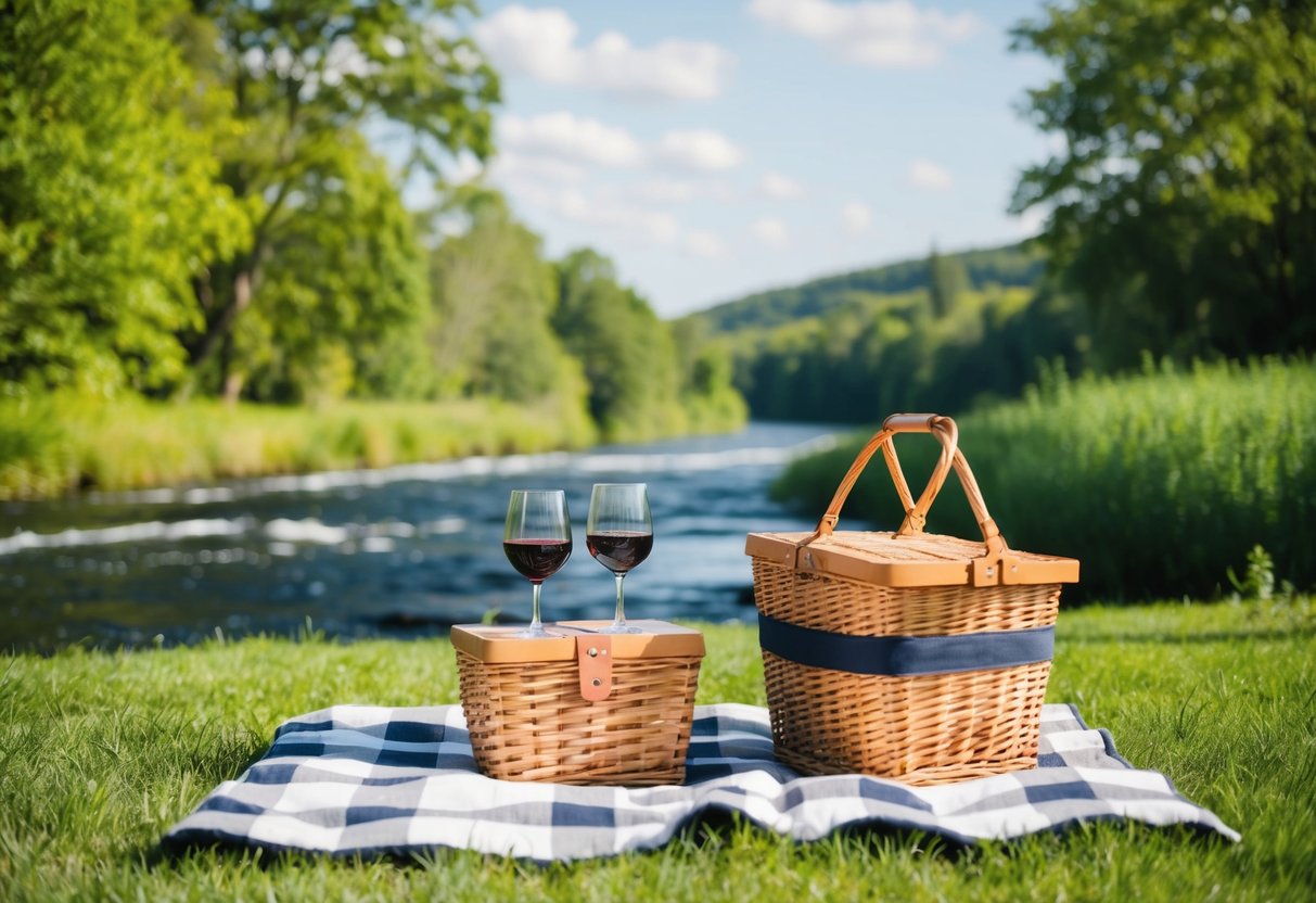 An outdoor picnic with a blanket, basket, and wine glasses set against a backdrop of lush greenery and a flowing river