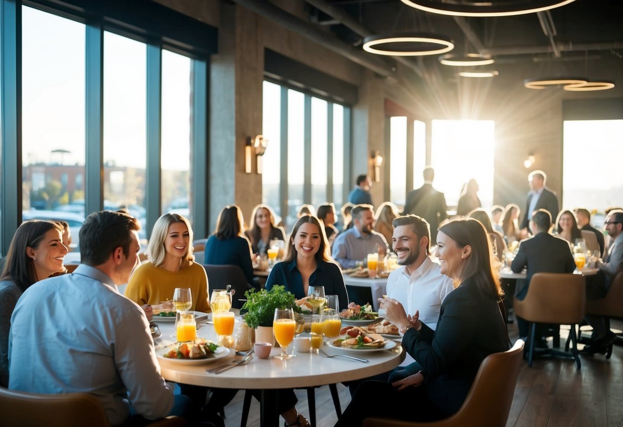 A bustling brunch scene at The Nucleus: tables filled with food and drinks, people chatting and laughing, sunlight streaming through the windows