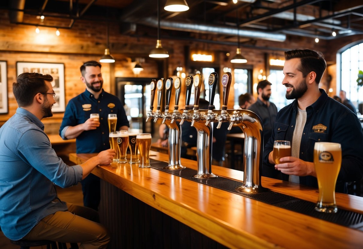 A cozy brewery with wooden tables, beer taps, and warm lighting. Patrons sample beers and chat with the friendly staff