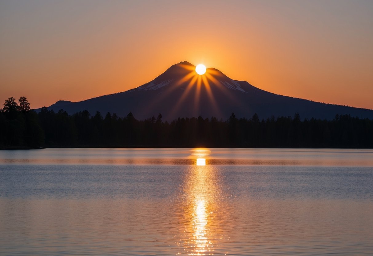 The sun sets behind the silhouette of Mount Simon Park, casting a warm glow over the tranquil landscape