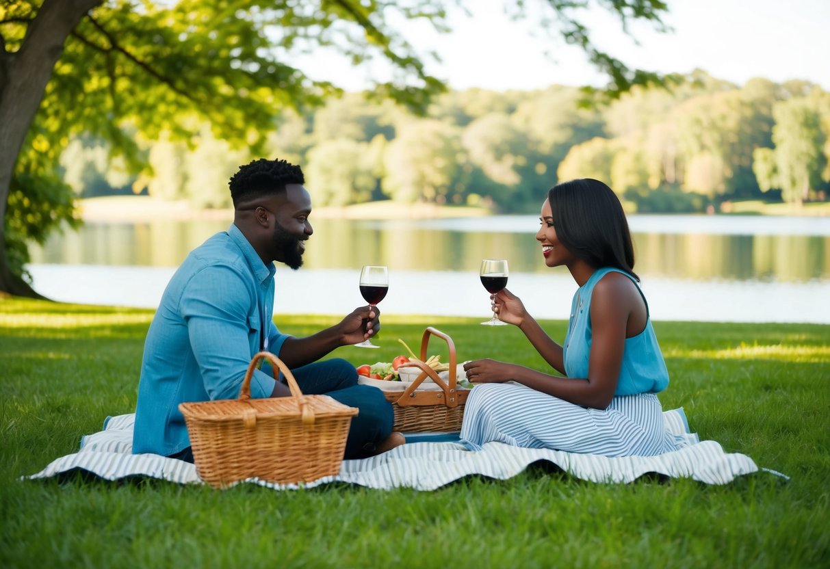 A black couple enjoying a picnic in a park, surrounded by lush greenery and a serene lake, with a picnic blanket and a basket of food