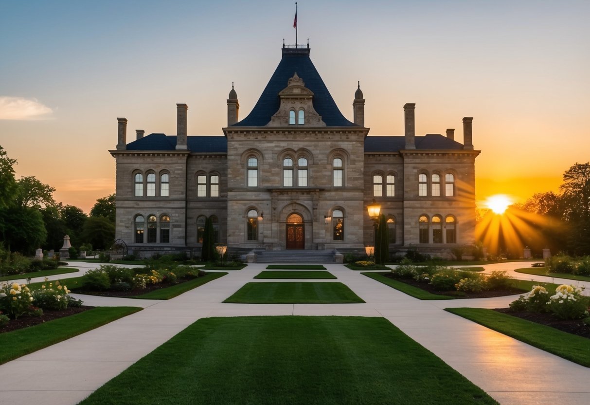 The sun sets behind the majestic stone facade of the historical attraction in Eau Claire, casting a warm glow over the surrounding gardens and pathways