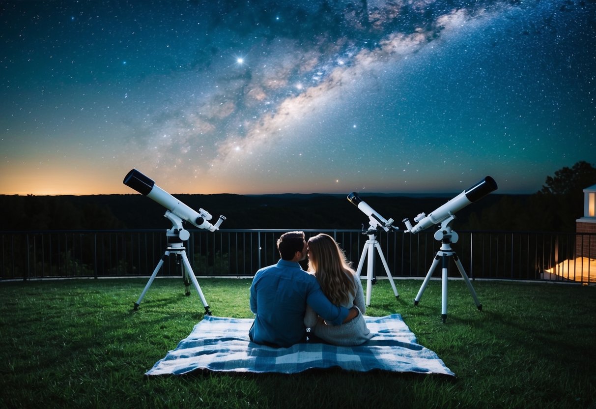 A couple sits on a blanket under the night sky at a local observatory, surrounded by telescopes and twinkling stars