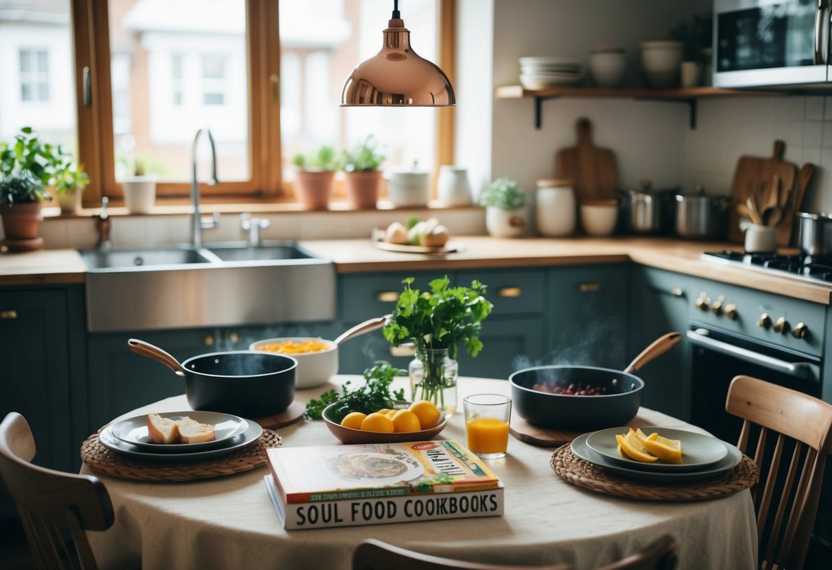 A cozy kitchen with a table set for two, surrounded by pots and pans, fresh ingredients, and soul food cookbooks
