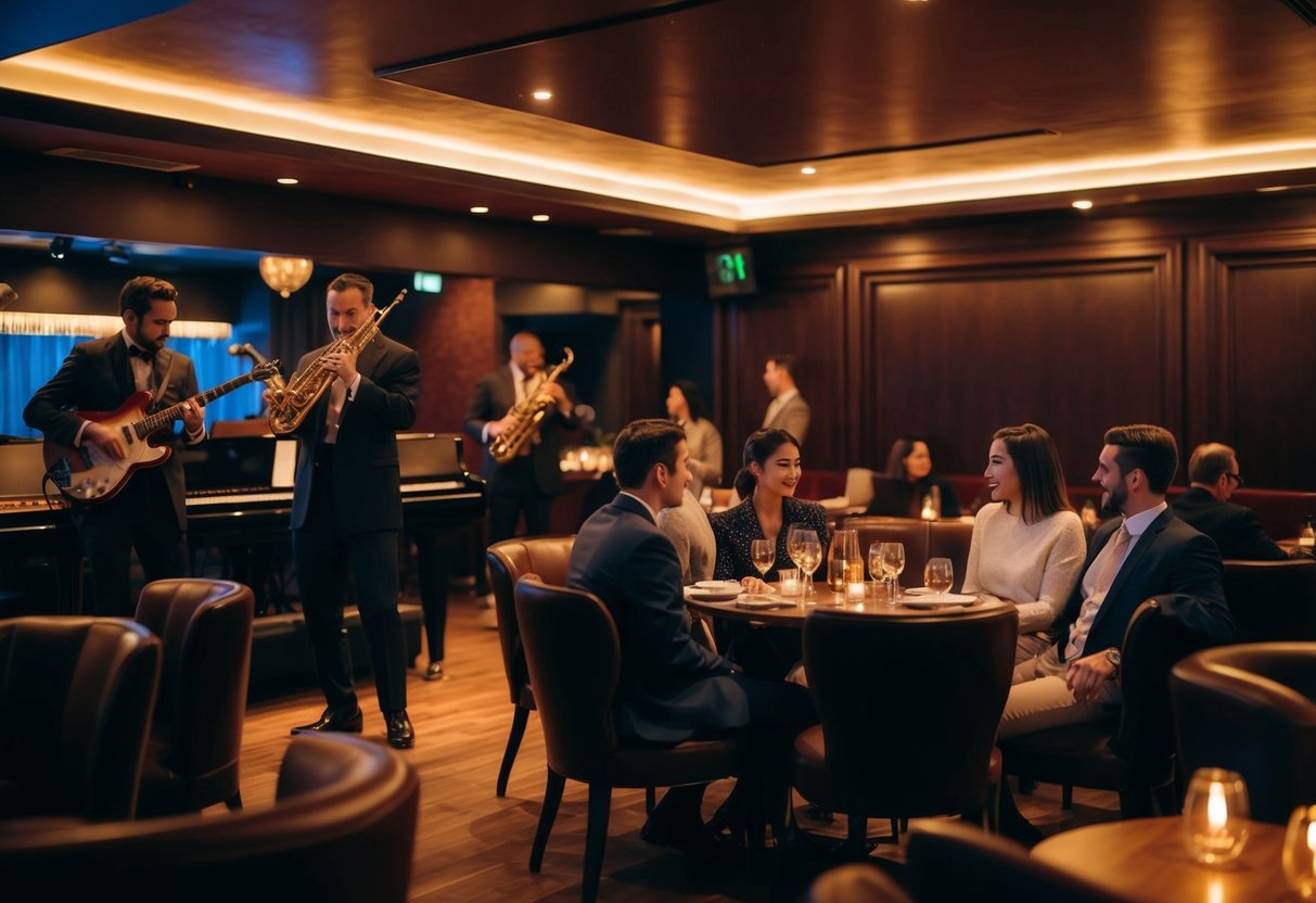 A dimly lit jazz club with a stage, cozy seating, and a warm, inviting atmosphere. Musicians play smooth tunes as couples enjoy the music and each other's company