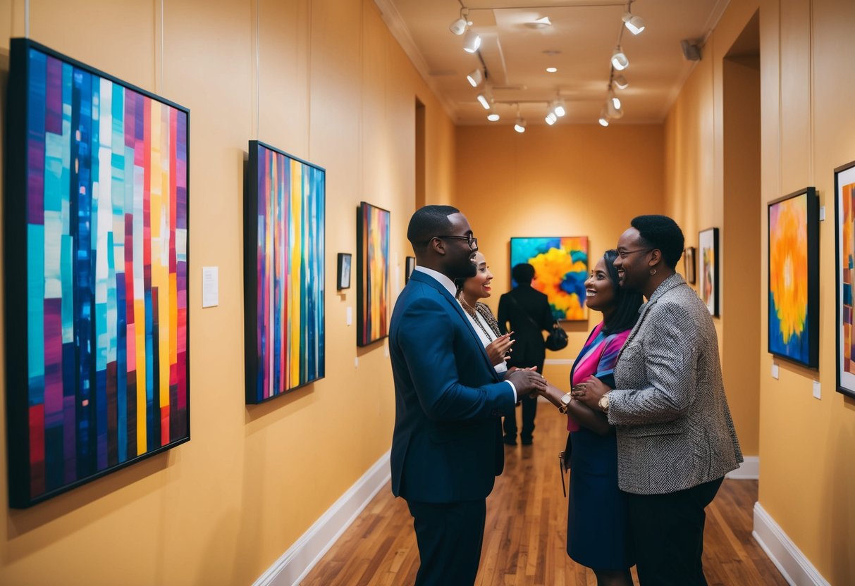 Vibrant paintings line the walls of the Black-owned art gallery, with couples admiring the colorful works. A warm, welcoming atmosphere fills the space