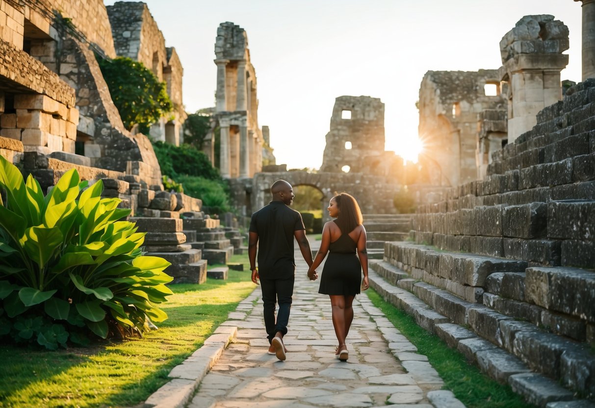 A black couple explores ancient ruins, surrounded by towering stone structures and lush greenery. The sun casts a warm glow over the historical site as they walk hand in hand