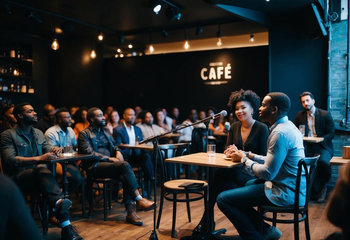 A dimly lit cafe with a stage, a mic, and an attentive crowd. The couple sits at a small table, engrossed in the powerful words of the spoken word artist