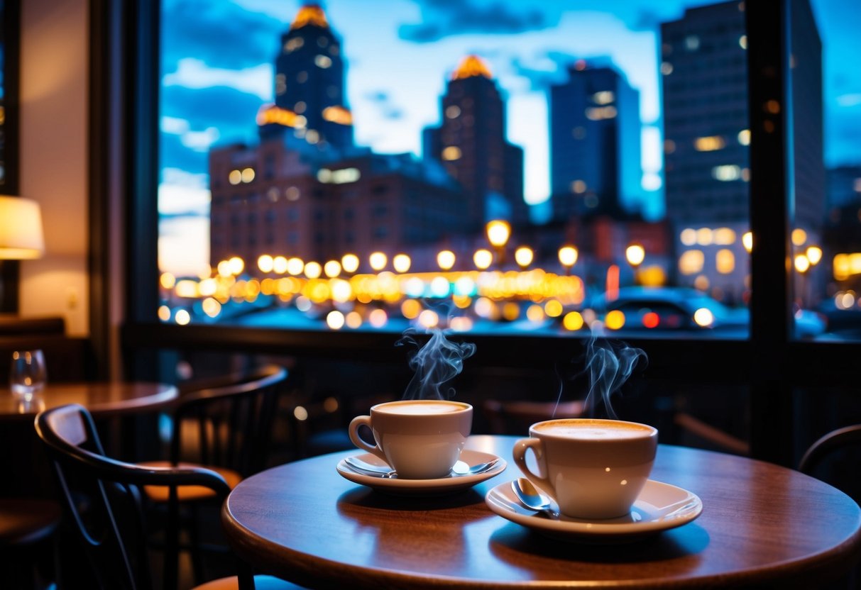 A cozy cafe with dim lighting, a table set for two, and a steaming cup of coffee. Outside, city lights twinkle as the sun sets behind tall buildings