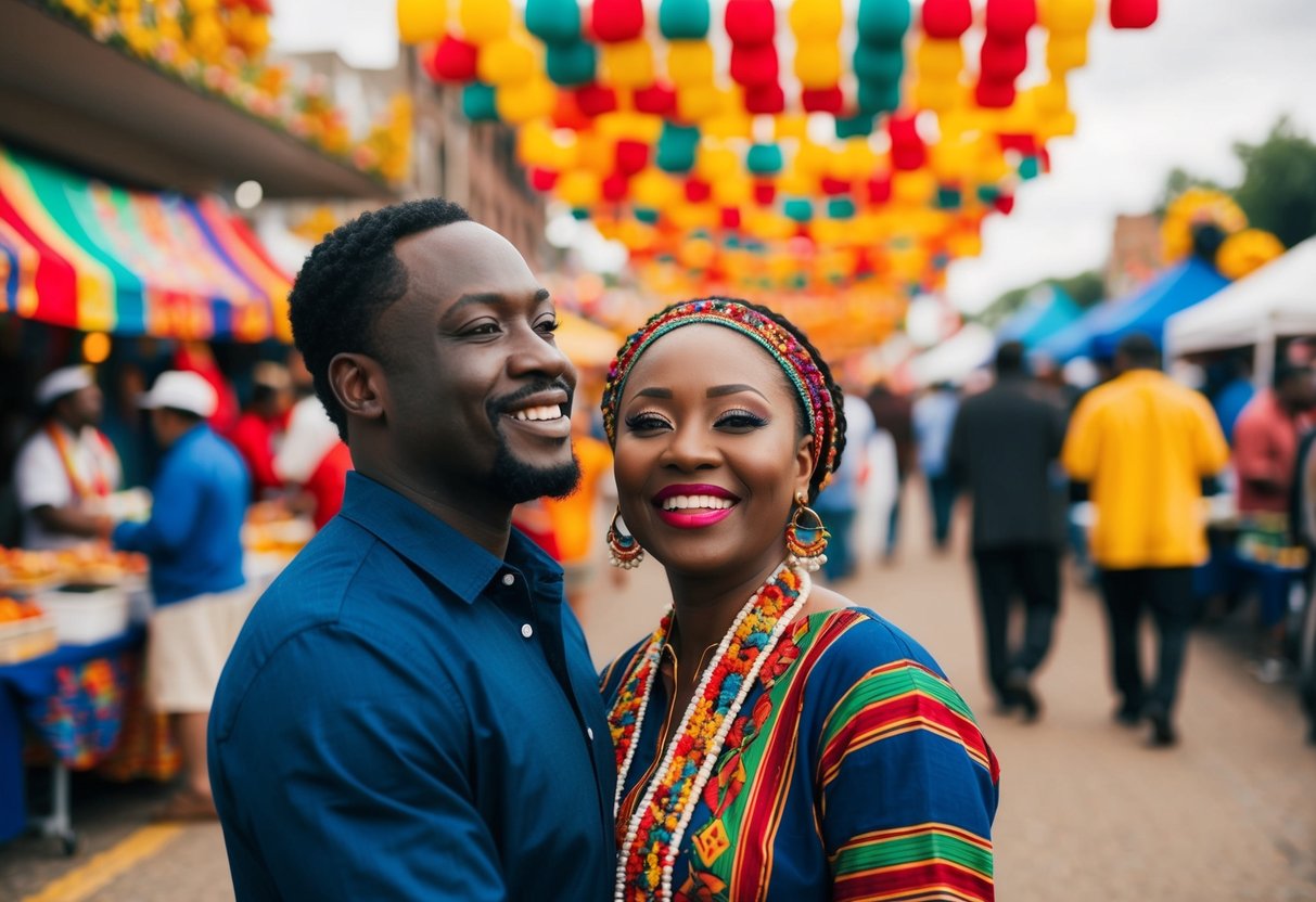 A black couple enjoys a lively cultural festival, surrounded by vibrant colors, traditional music, and diverse food vendors