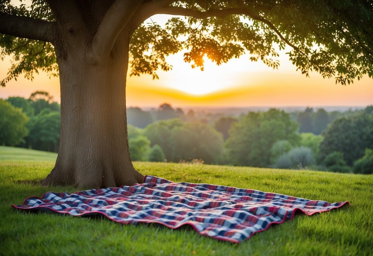 A cozy picnic blanket spread out under a large tree, surrounded by lush greenery and the warm glow of a setting sun