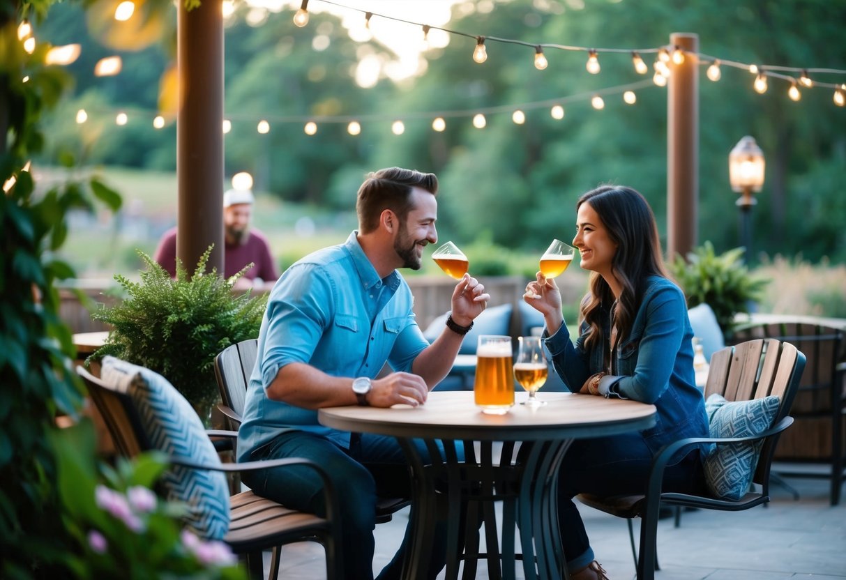A cozy outdoor patio at a microbrewery or winery, with a couple enjoying a tasting flight while surrounded by lush greenery and twinkling string lights