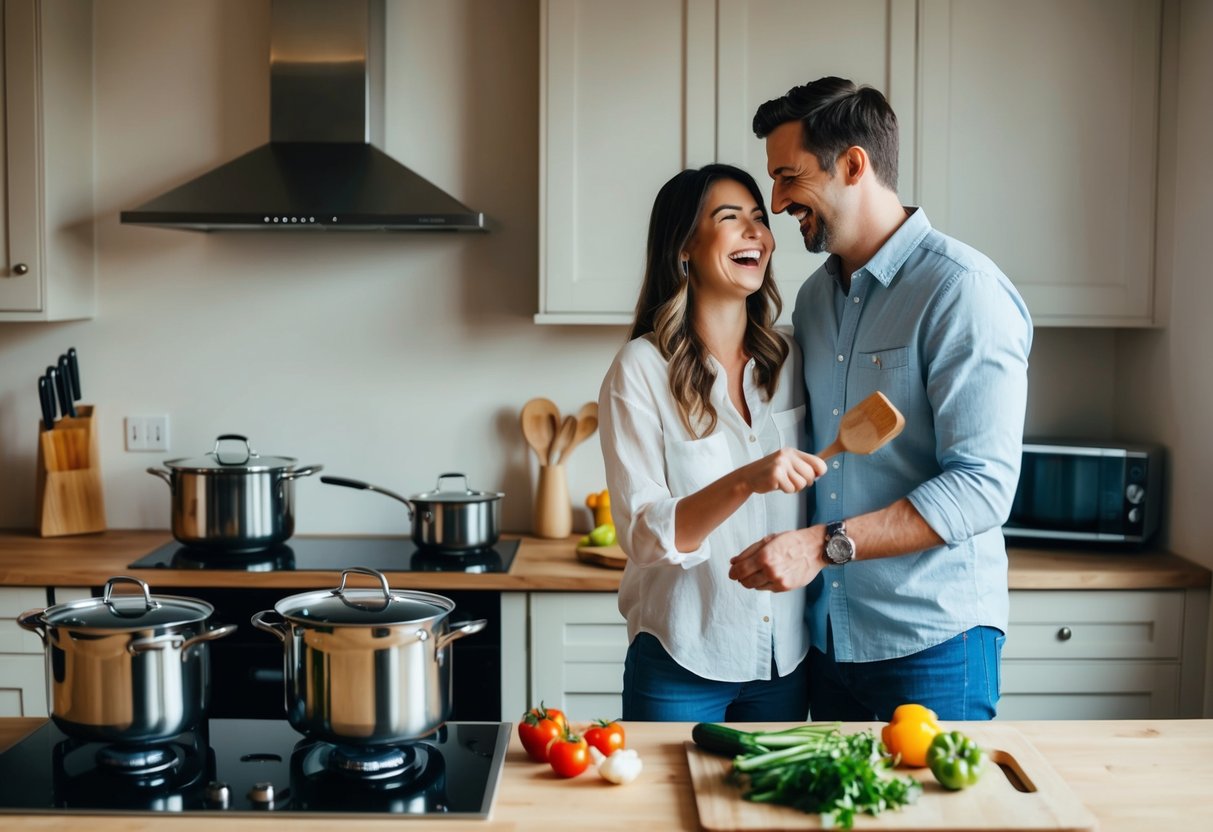 A cozy kitchen with two pots simmering on the stove, a cutting board with fresh vegetables, and a couple standing side by side, laughing and cooking together after a long day at work
