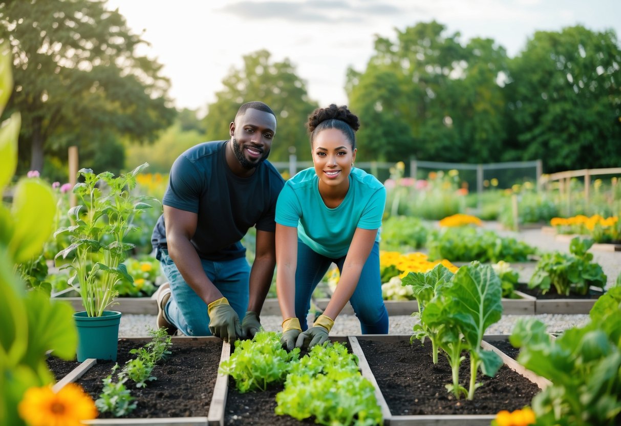 A black couple volunteers together at a community garden, planting and tending to flowers and vegetables side by side