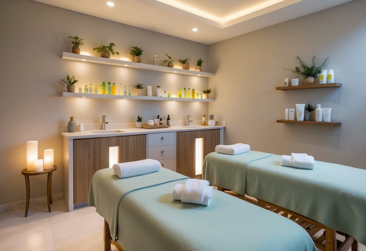 A serene spa room with two massage tables, surrounded by shelves of natural beauty products and soft, ambient lighting