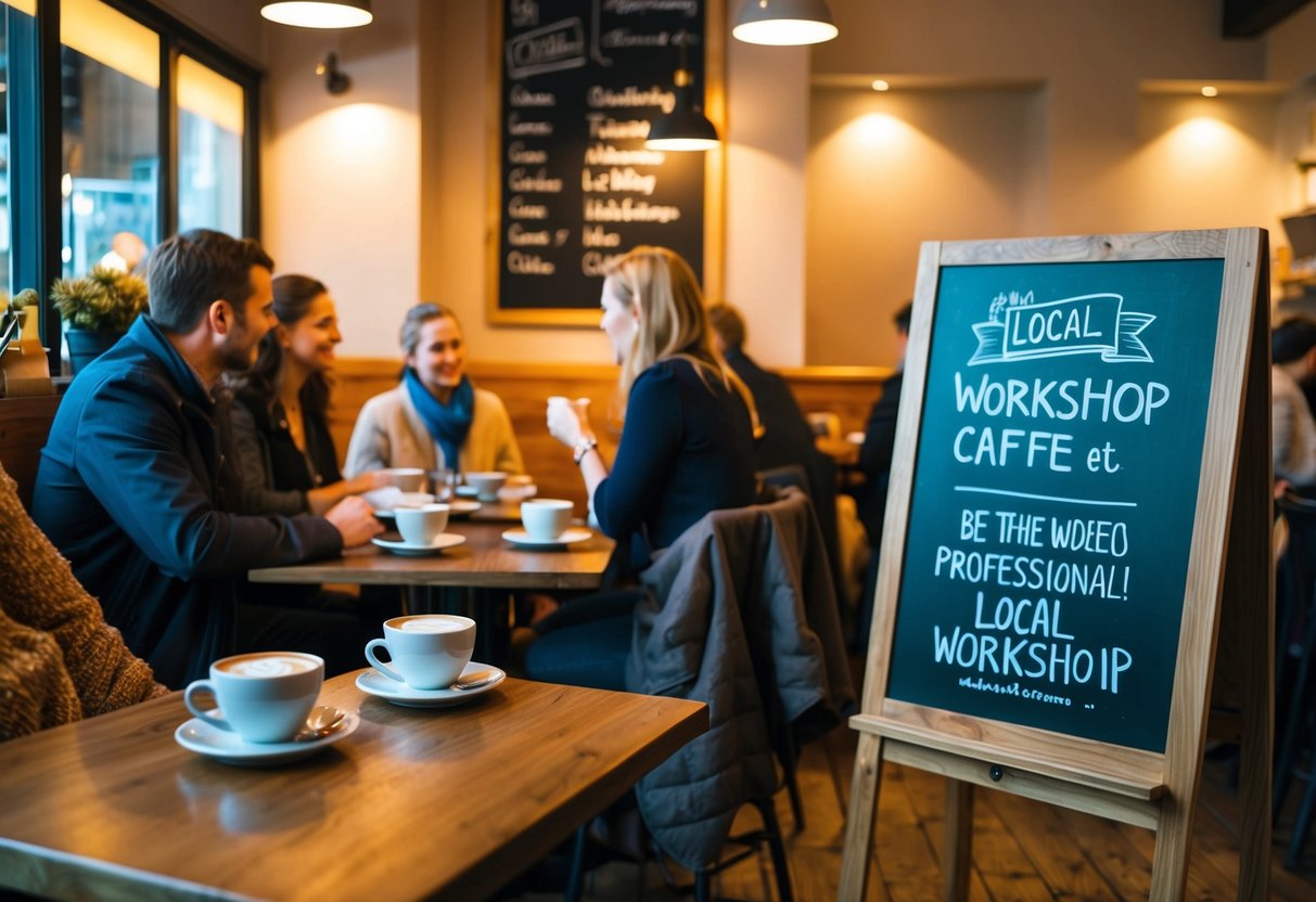 A cozy cafe with warm lighting, scattered tables, and a chalkboard sign advertising a local workshop. People chat over cups of coffee and pastries