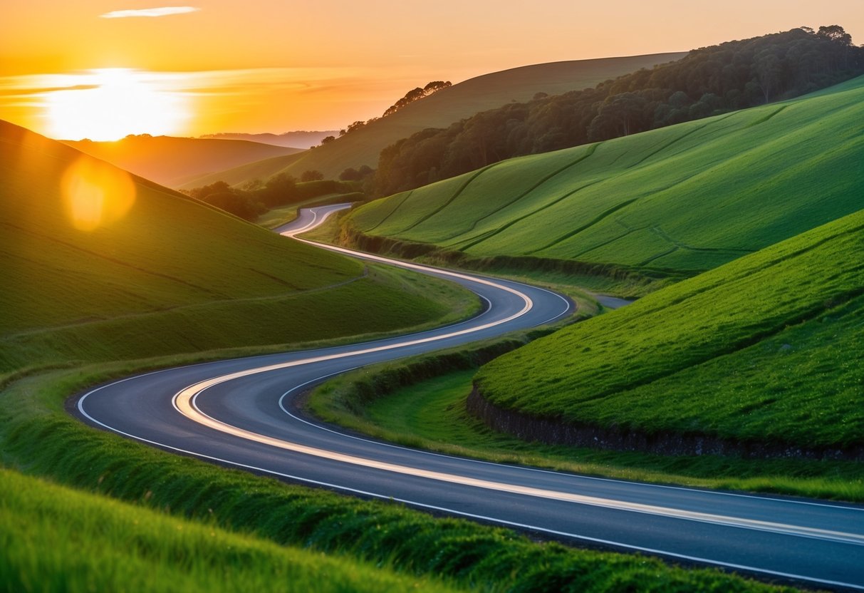 A winding road through lush green hills, with a golden sunset casting a warm glow over the landscape