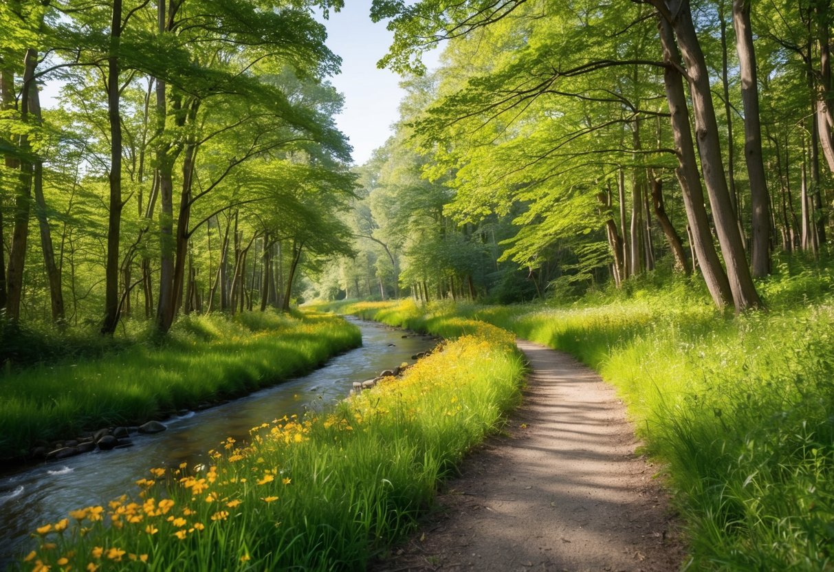 A serene forest path with dappled sunlight filtering through the trees, a gentle stream flowing alongside, and colorful wildflowers dotting the landscape