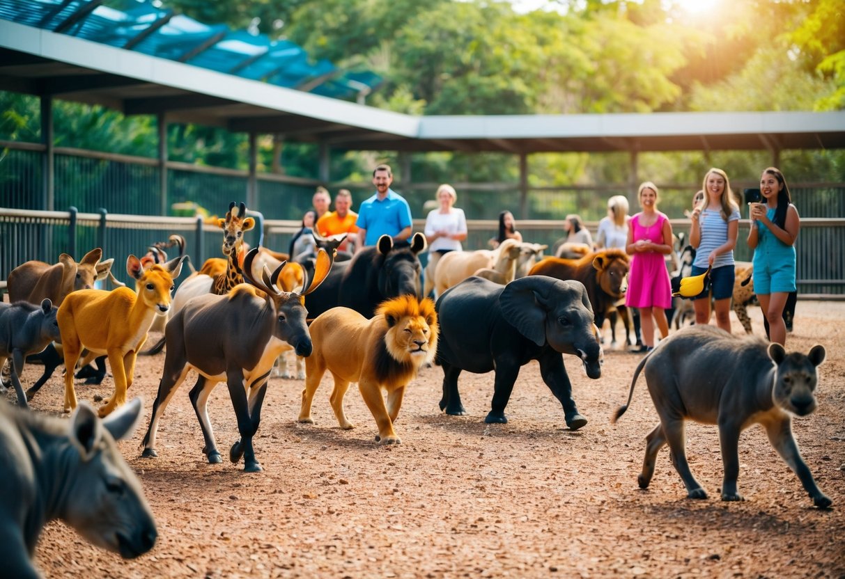 A colorful assortment of exotic animals roam in spacious enclosures, while visitors watch in awe at the zoo or aquarium