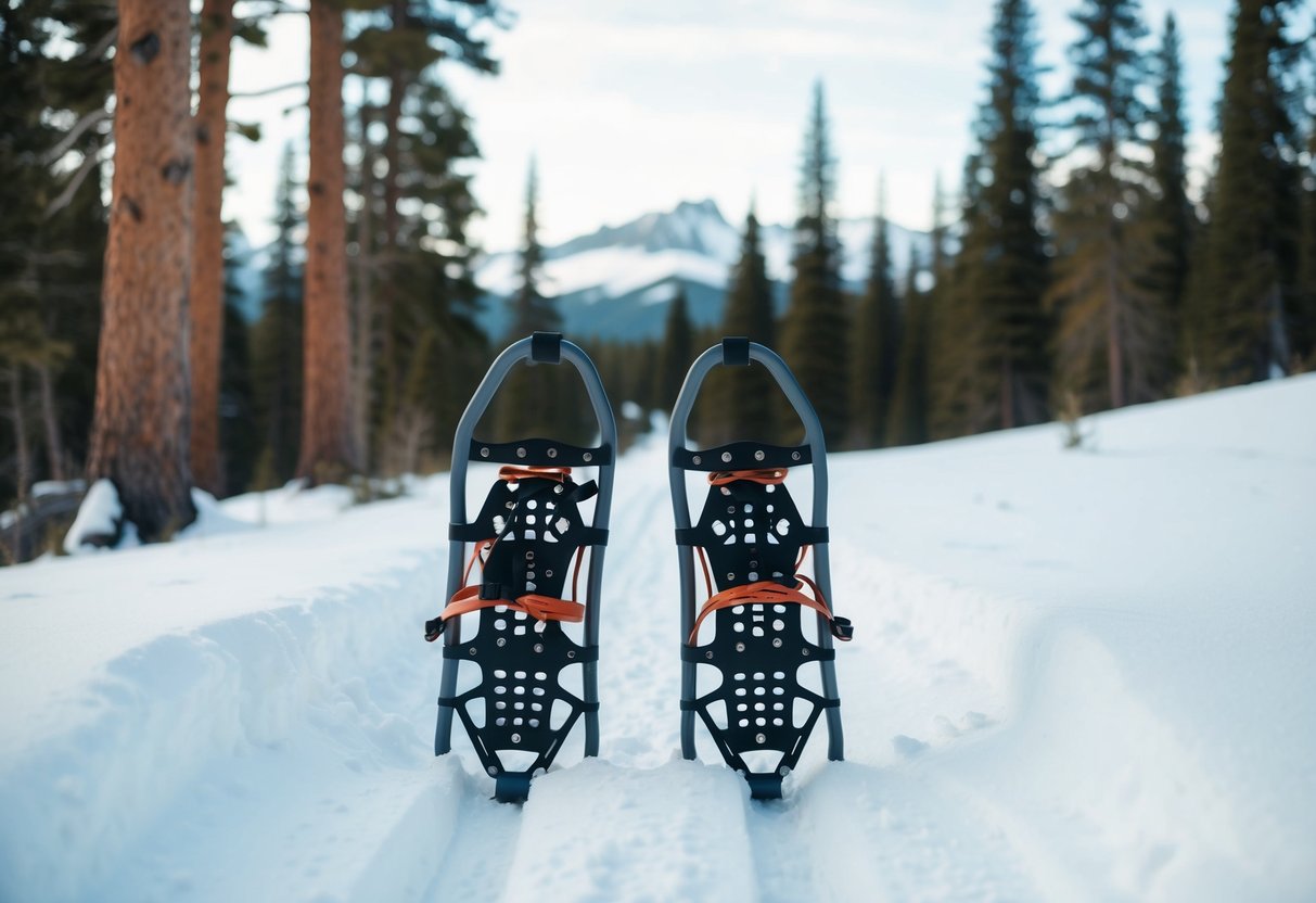 A pair of snowshoes on a snowy trail, surrounded by tall pine trees and mountains in the distance
