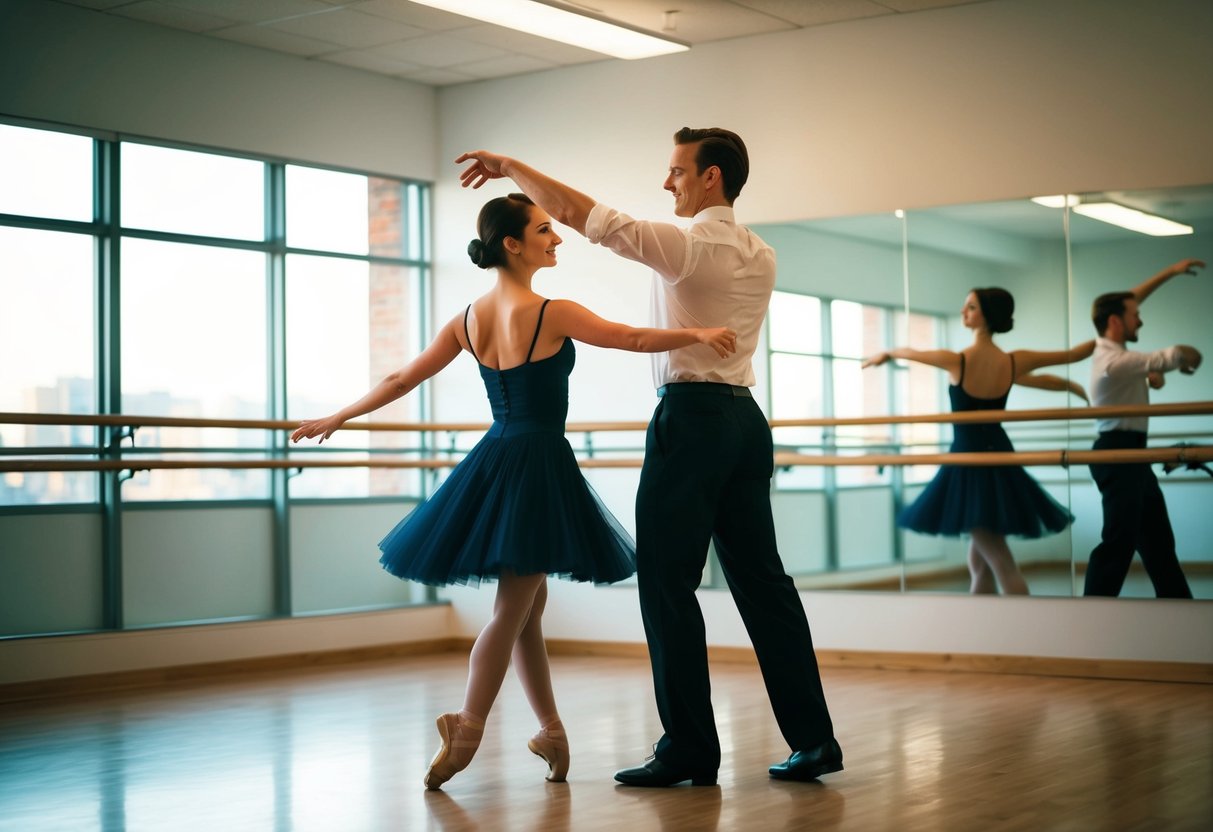 A couple dancing in a well-lit studio after work, surrounded by mirrors and ballet barres, with a dance instructor guiding their movements