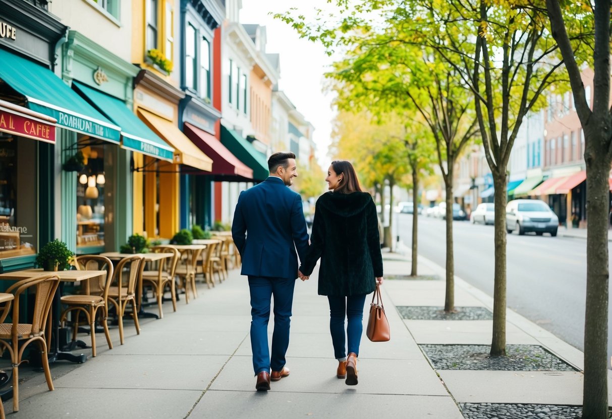 A couple strolls past cozy cafes, colorful storefronts, and leafy trees lining the sidewalk in a charming neighborhood